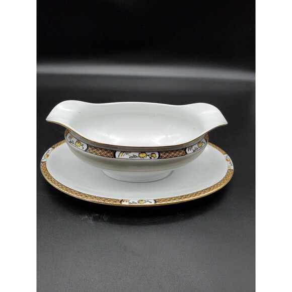 Noritake Gravy Boat Under Plate Japan Geometric Band Florals with Gold 1918 - Picture 4 of 12
